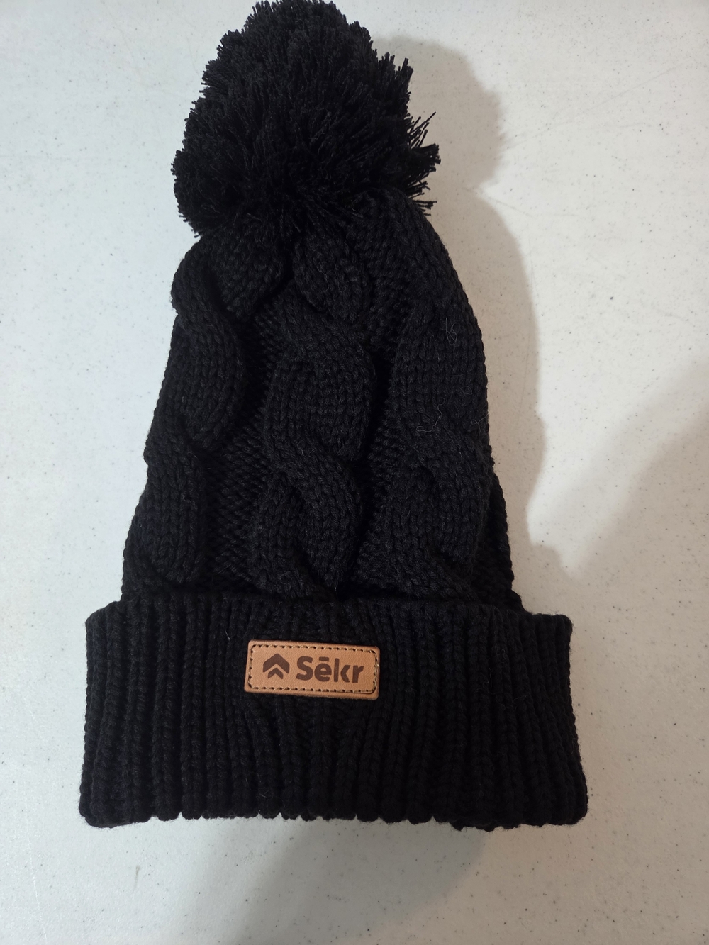 NEW Adult Unisex Black Pom Pom Cable Knit Beanie with Sekr Label